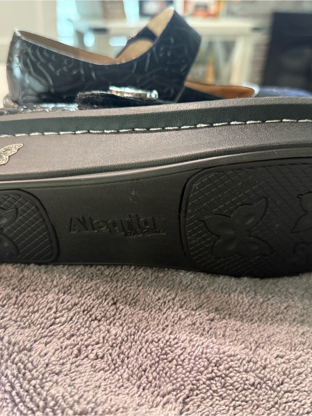 Algeria Women's Black Mary Jane Comfort Flats with Floral Emboss - Picture 5 of 7